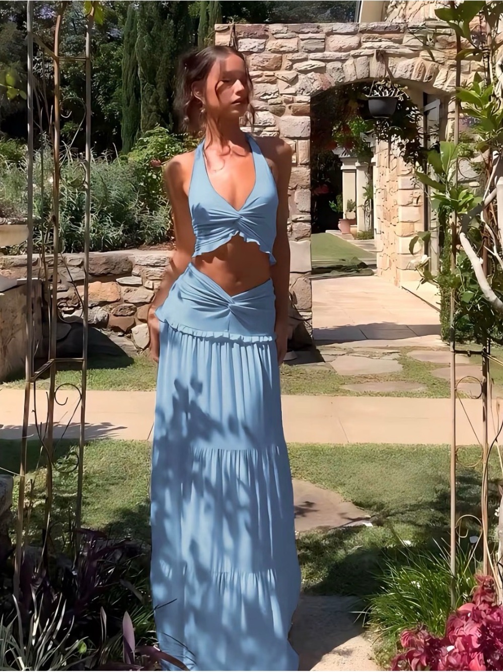 Light Blue Tiered Maxi Skirt - Women